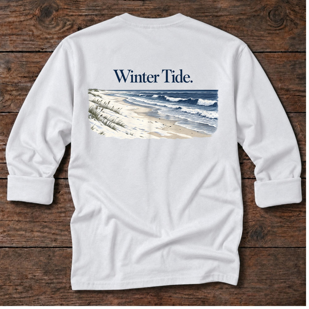Winter Tide Back Design Long T-Shirt in White, Salty Paws coastal long sleeve tee