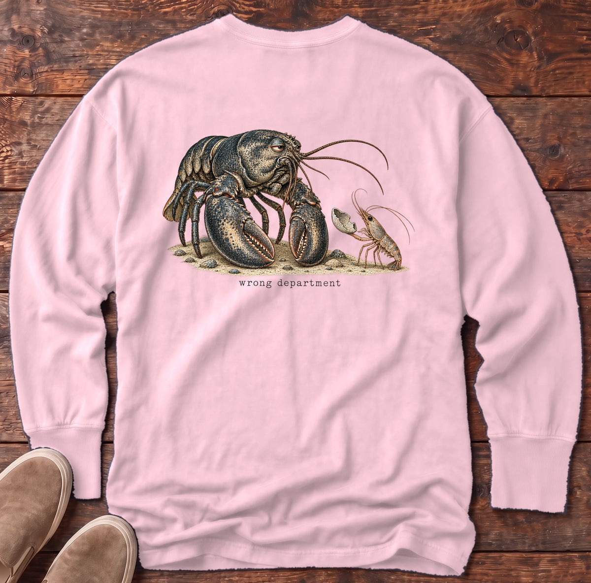 Wrong Department Lobster Back Design Long Sleeve Tee Comfort Colors in Blossom, Salty Paws Comfort Colors Long Sleeve Tee, back design flat lay