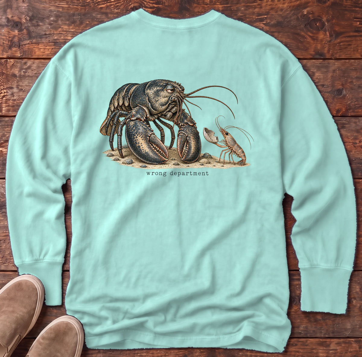 Wrong Department Lobster Back Design Long Sleeve Tee Comfort Colors in Chalky Mint, Salty Paws Comfort Colors Long Sleeve Tee, back design flat lay