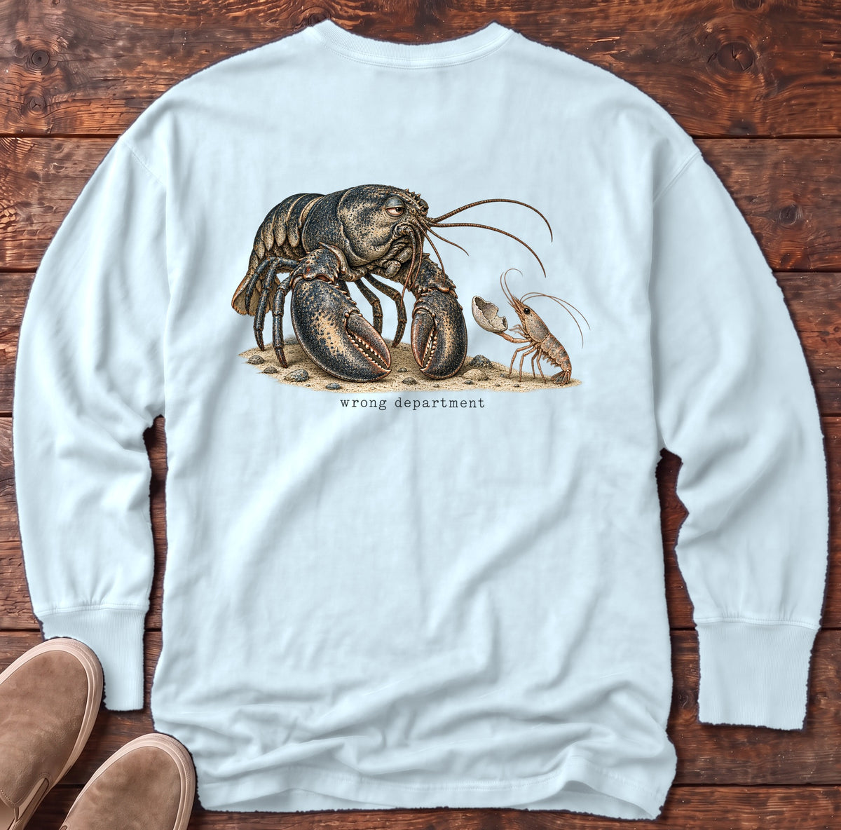Wrong Department Lobster Back Design Long Sleeve Tee Comfort Colors in Chambray, Salty Paws Comfort Colors Long Sleeve Tee, back design flat lay