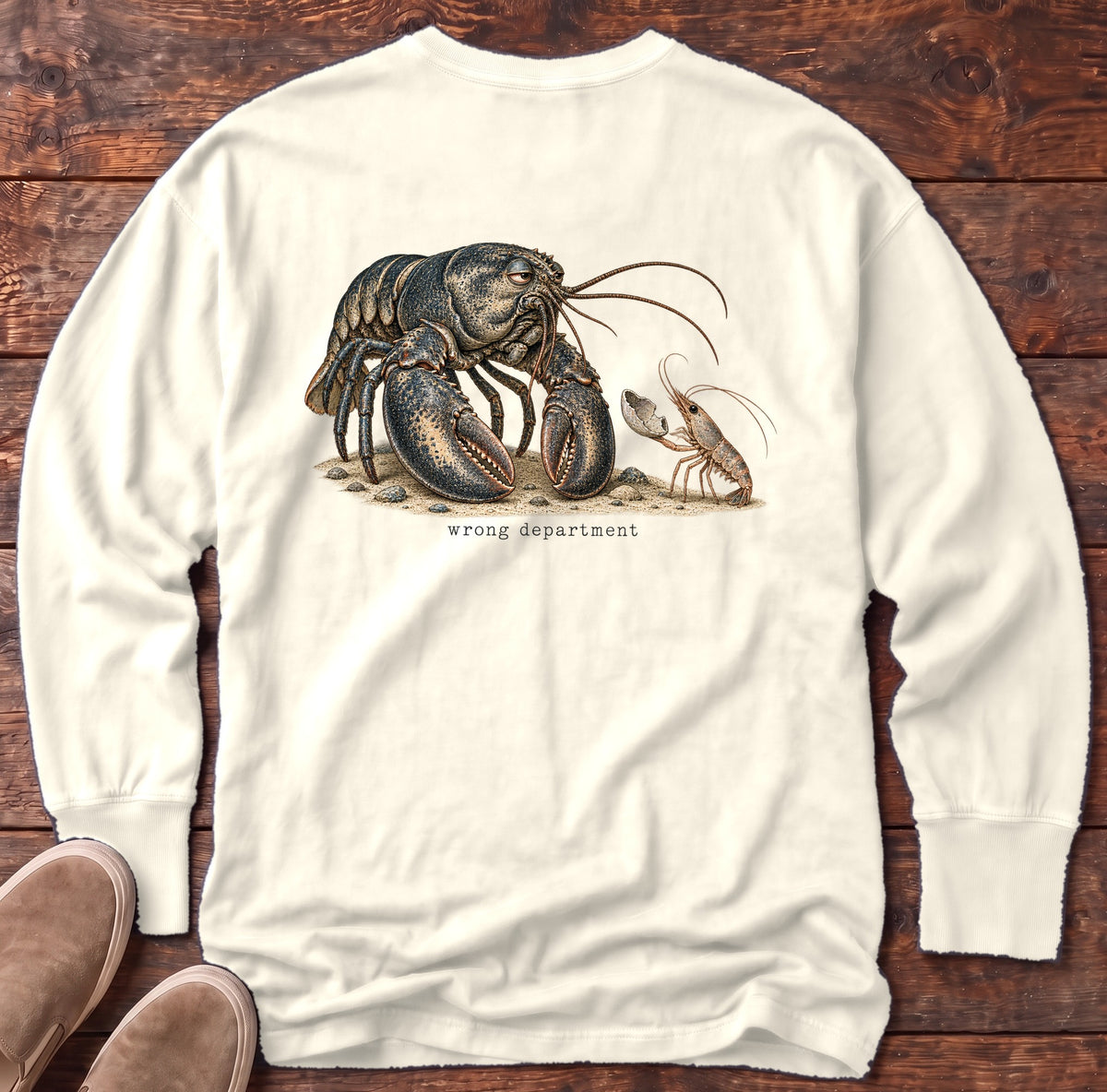 Wrong Department Lobster Back Design Long Sleeve Tee Comfort Colors in Ivory, Salty Paws Comfort Colors Long Sleeve Tee, back design flat lay