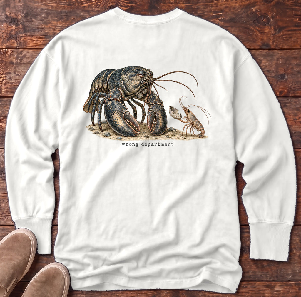 Wrong Department Lobster Back Design Long Sleeve Tee Comfort Colors in White, Salty Paws Comfort Colors Long Sleeve Tee, back design flat lay
