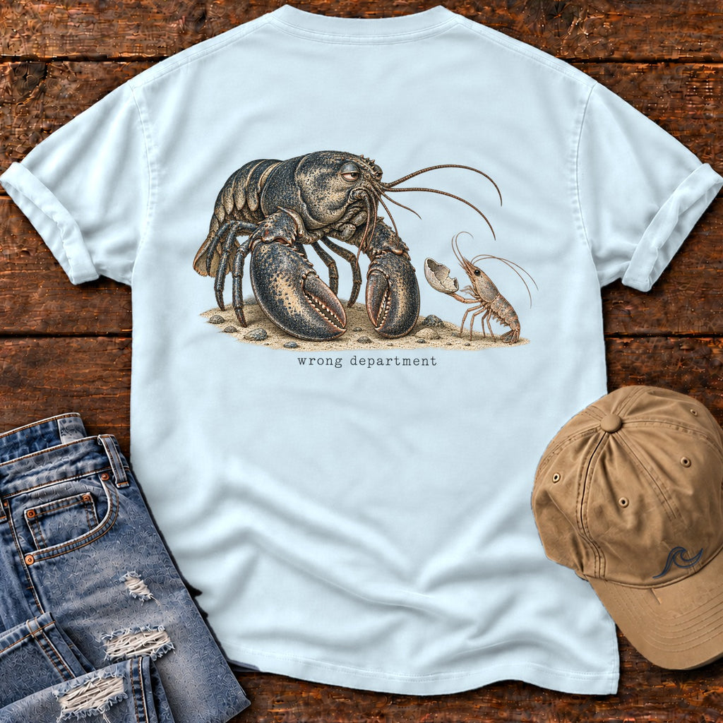 Wrong Department Lobster Back Design T-Shirt Comfort Colors in Chambray, Salty Paws Comfort Colors T-Shirt, back design flat lay