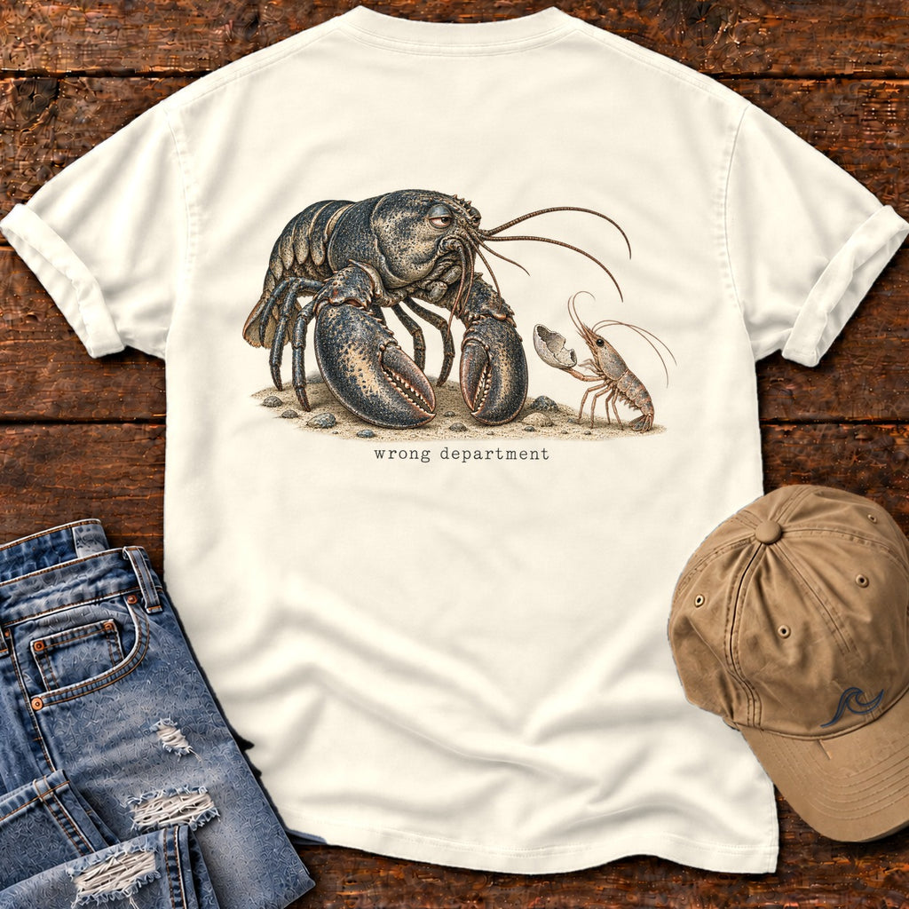 Wrong Department Lobster Back Design T-Shirt Comfort Colors in Ivory, Salty Paws Comfort Colors T-Shirt, back design flat lay