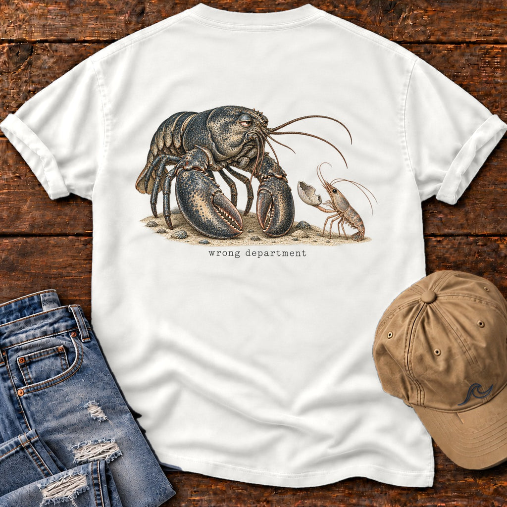 Wrong Department Lobster Back Design T-Shirt Comfort Colors in White, Salty Paws Comfort Colors T-Shirt, back design flat lay