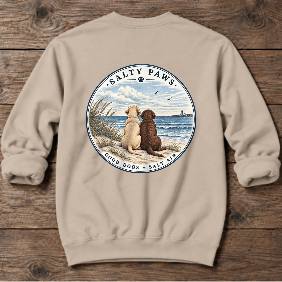 Yellow & Chocolate Lab Good Dogs - Midweight Sweatshirt in Sand, Salty Paws Midweight Sweatshirt, back design flat lay