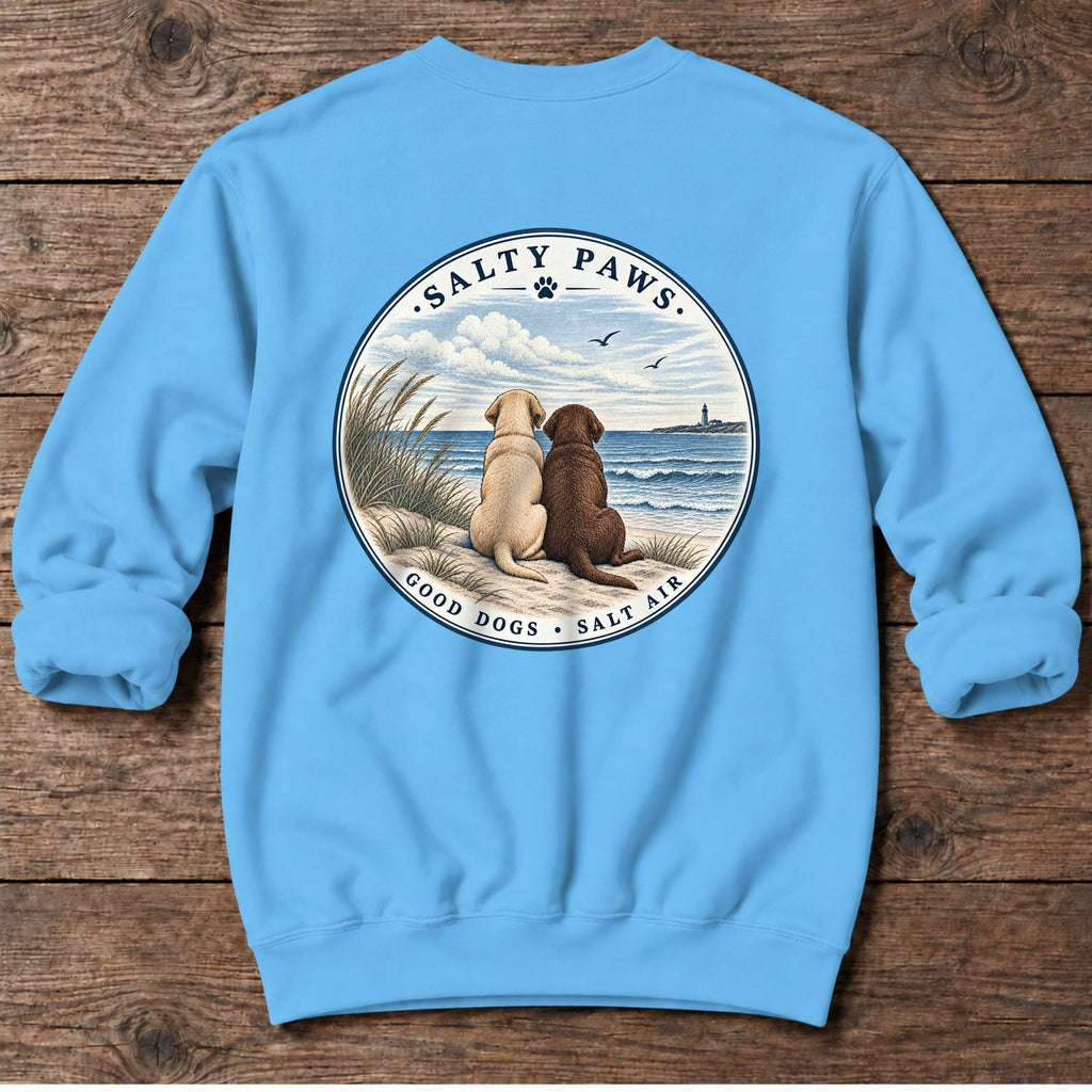 Yellow & Chocolate Lab Good Dogs - Midweight Sweatshirt in Sky, Salty Paws Midweight Sweatshirt, back design flat lay