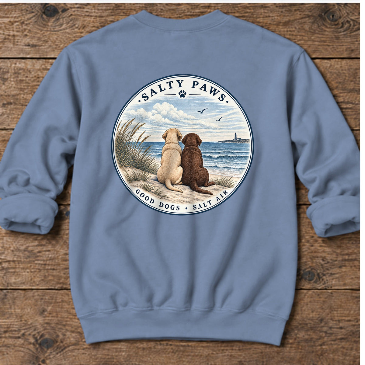 Yellow & Chocolate Lab Good Dogs - Midweight Sweatshirt in Stone Blue, Salty Paws Midweight Sweatshirt, back design flat lay