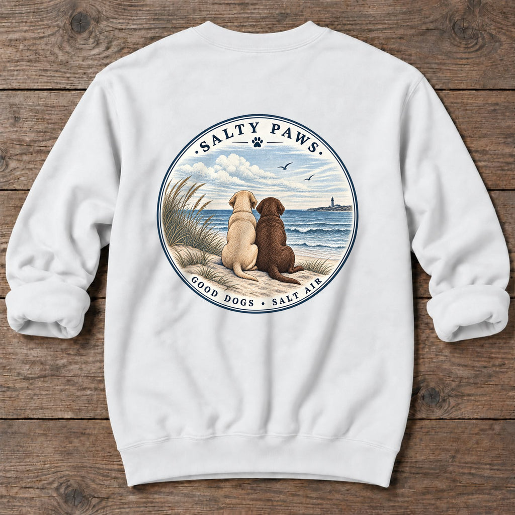Yellow & Chocolate Lab Good Dogs - Midweight Sweatshirt in White, Salty Paws Midweight Sweatshirt, back design flat lay