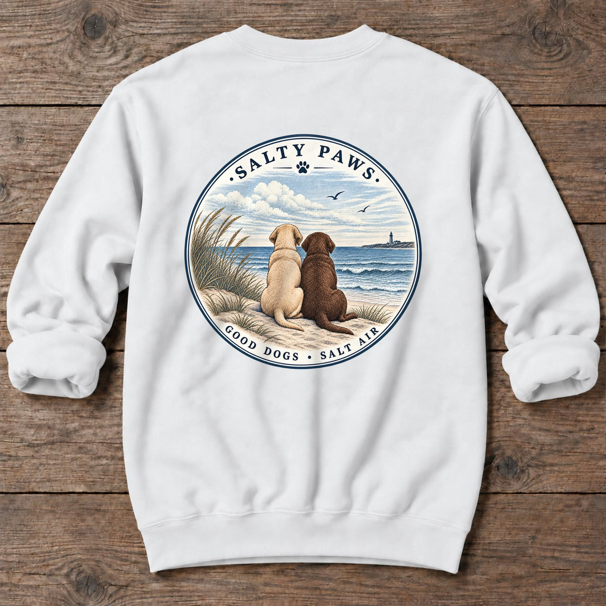 Yellow & Chocolate Lab Good Dogs - Midweight Sweatshirt in White, Salty Paws Midweight Sweatshirt, back design flat lay