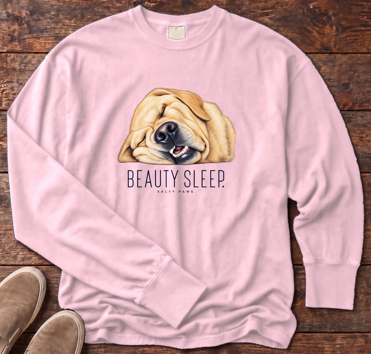 Yellow Lab Beauty Sleep Long Sleeve Tee Comfort Colors in Blossom, Salty Paws Comfort Colors Long Sleeve Tee, front design flat lay
