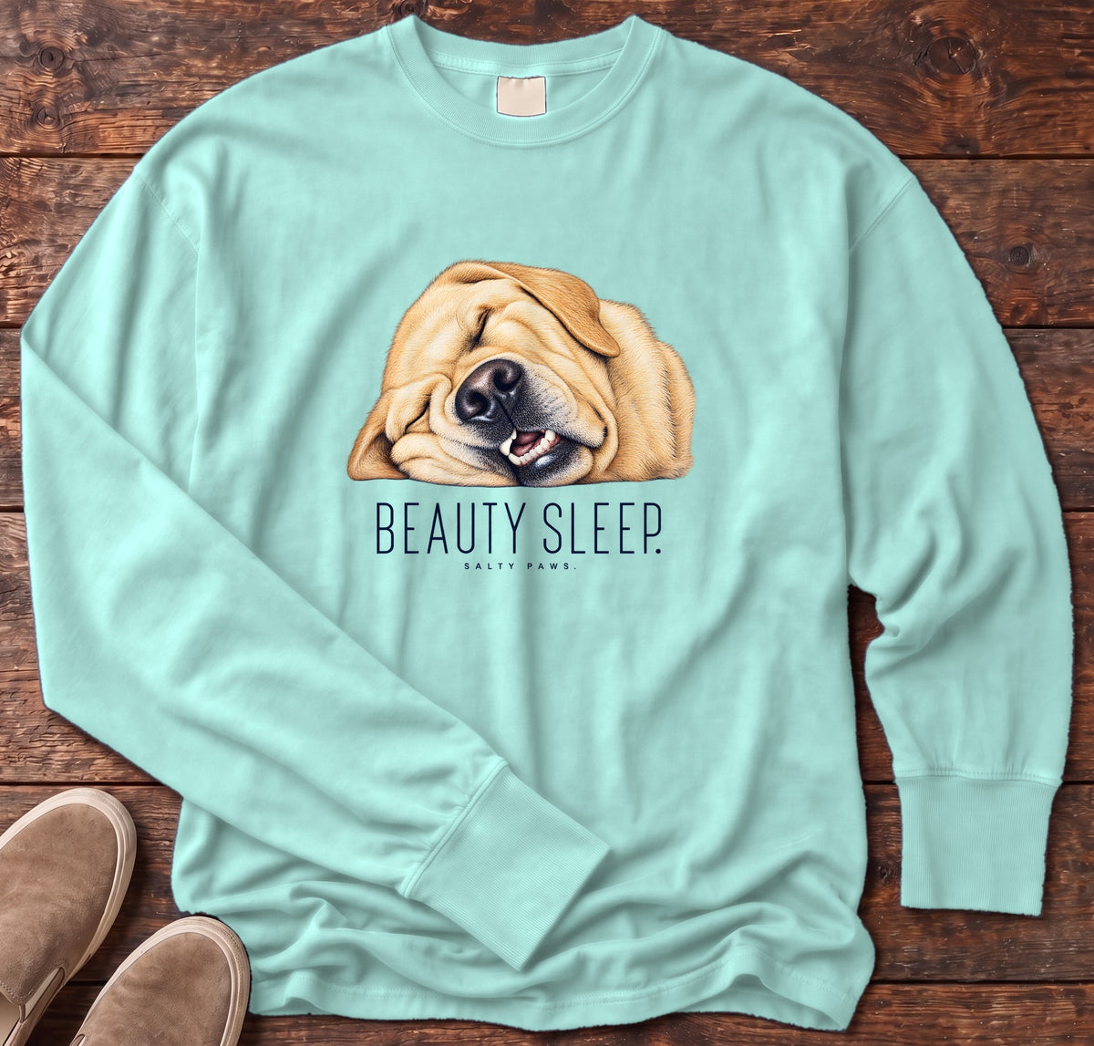 Yellow Lab Beauty Sleep Long Sleeve Tee Comfort Colors in Chalky Mint, Salty Paws Comfort Colors Long Sleeve Tee, front design flat lay