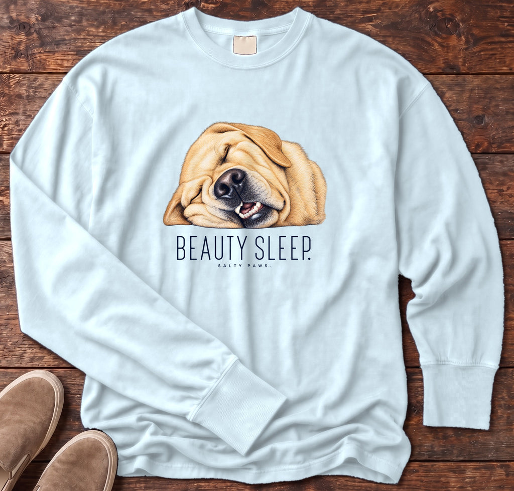 Yellow Lab Beauty Sleep Long Sleeve Tee Comfort Colors in Chambray, Salty Paws Comfort Colors Long Sleeve Tee, front design flat lay
