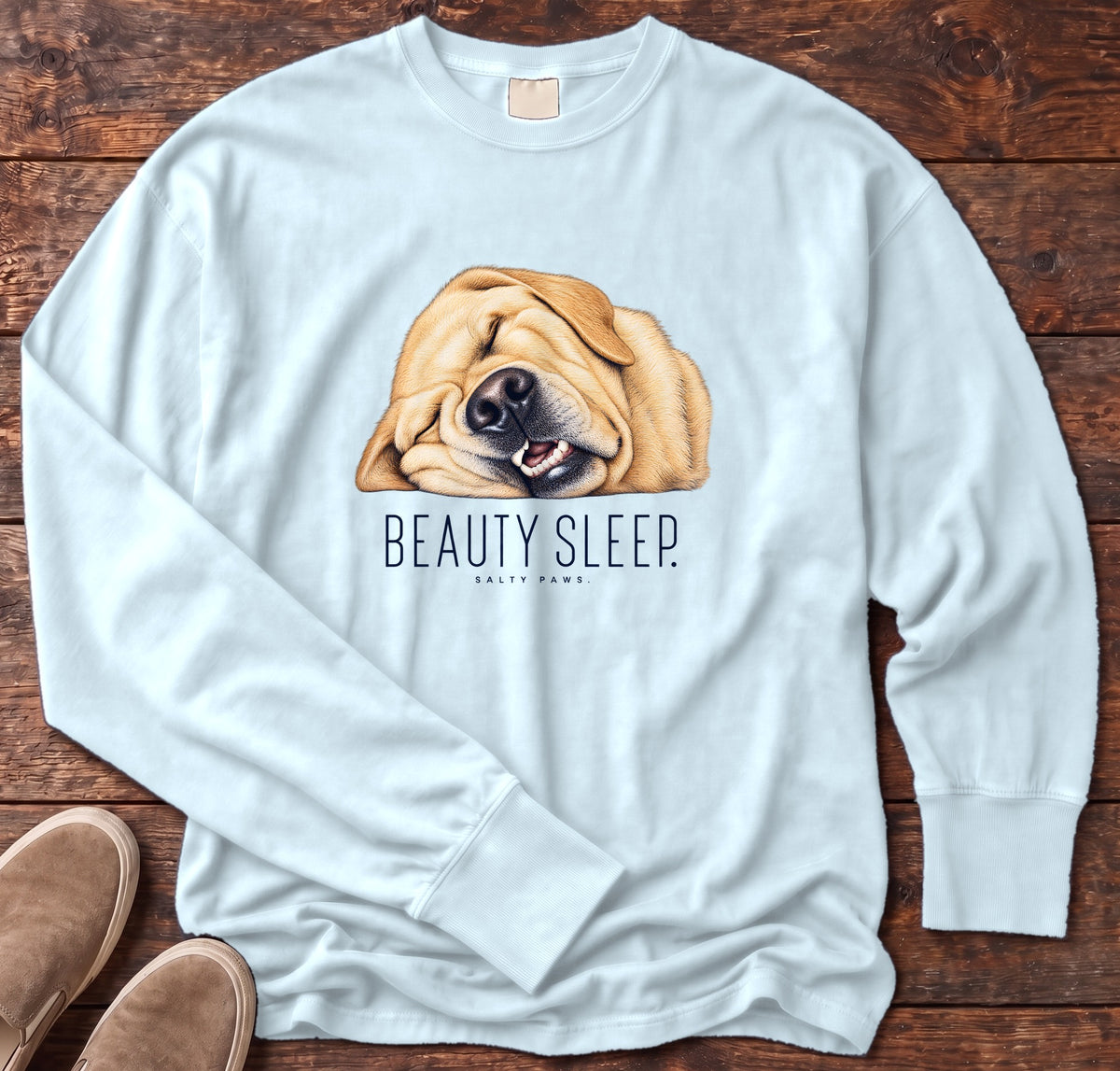 Yellow Lab Beauty Sleep Long Sleeve Tee Comfort Colors in Chambray, Salty Paws Comfort Colors Long Sleeve Tee, front design flat lay