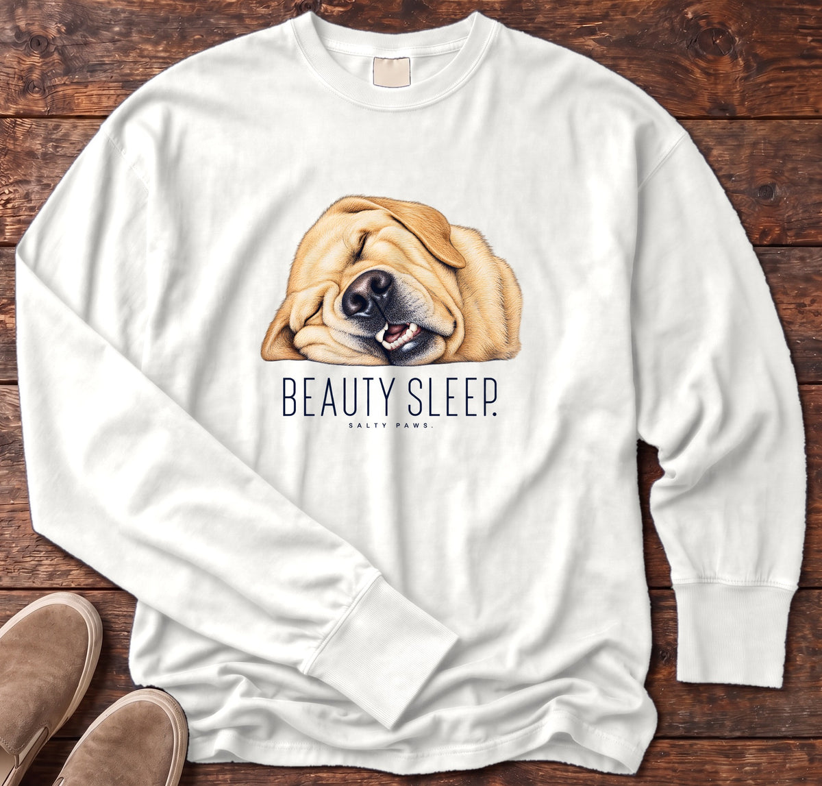 Yellow Lab Beauty Sleep Long Sleeve Tee Comfort Colors in White, Salty Paws Comfort Colors Long Sleeve Tee, front design flat lay
