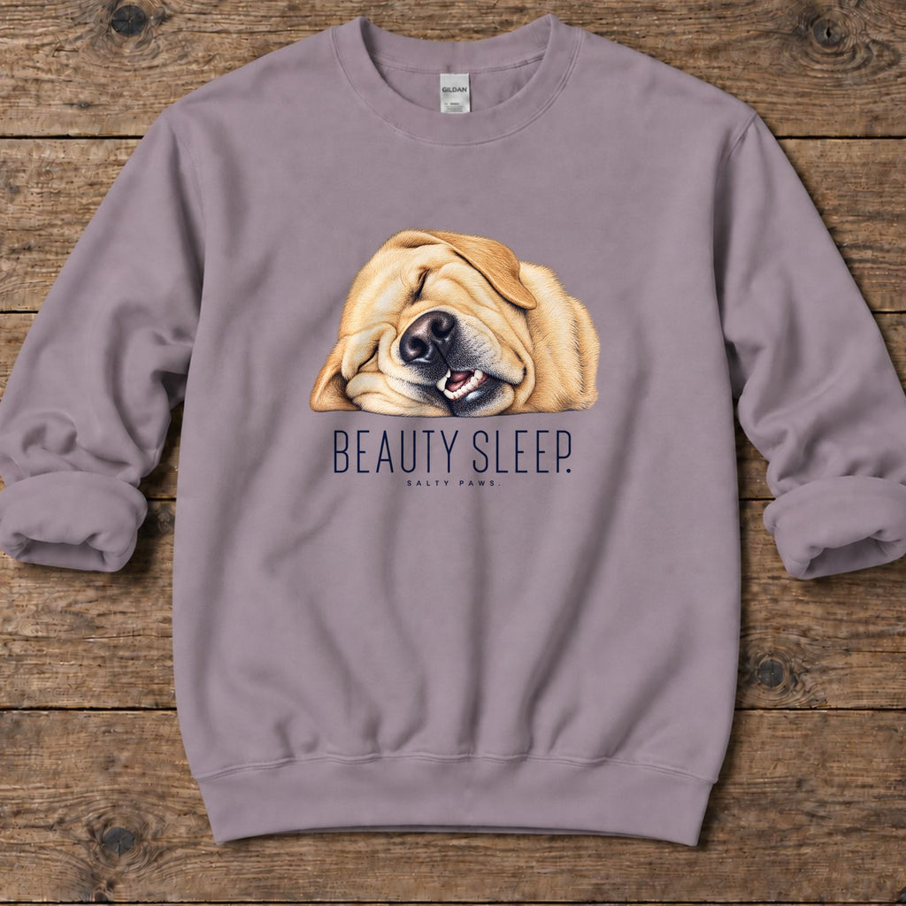Yellow Lab Beauty Sleep Midweight Sweatshirt in Paragon, Salty Paws Midweight Sweatshirt, front design flat lay
