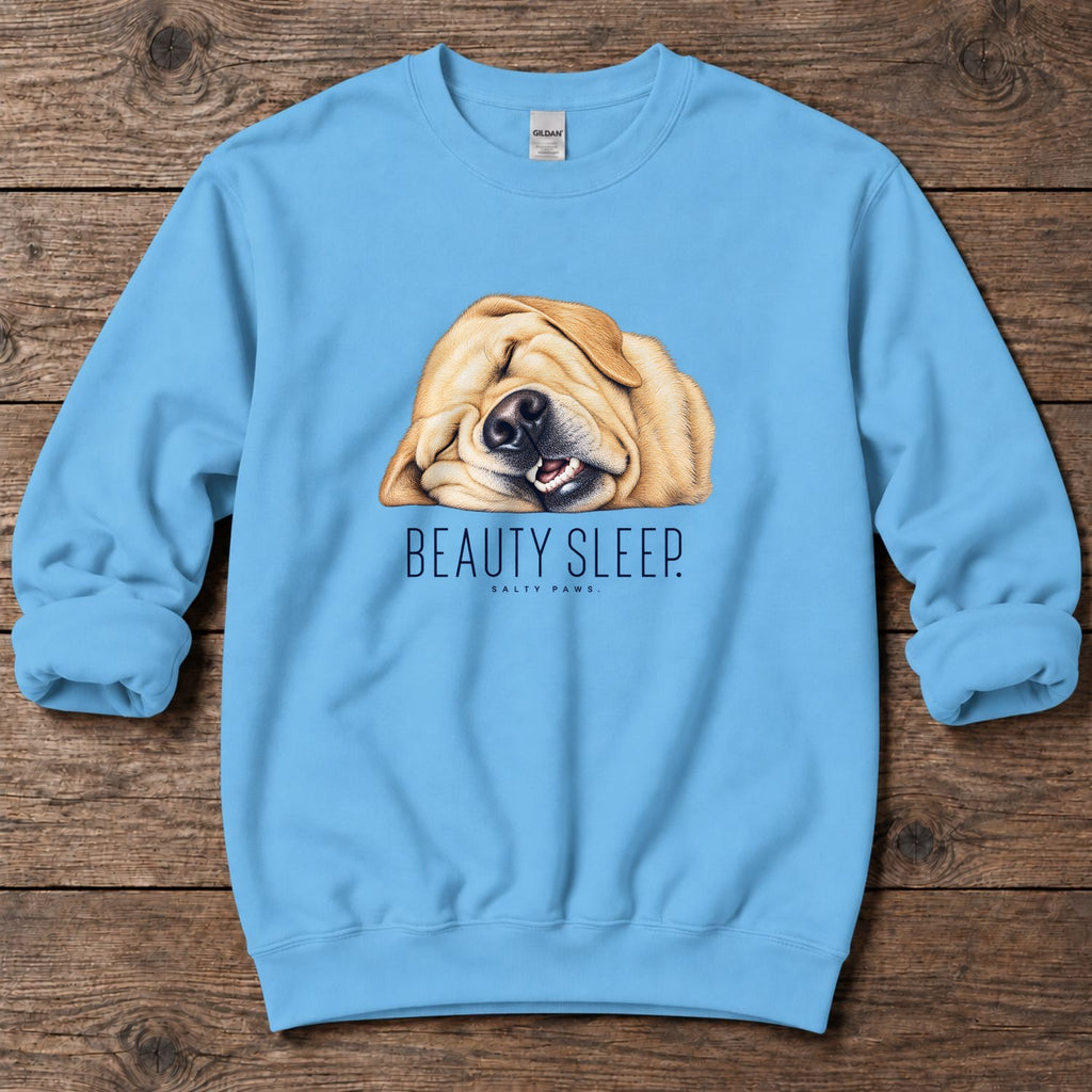 Yellow Lab Beauty Sleep Midweight Sweatshirt in Sky, Salty Paws Midweight Sweatshirt, front design flat lay