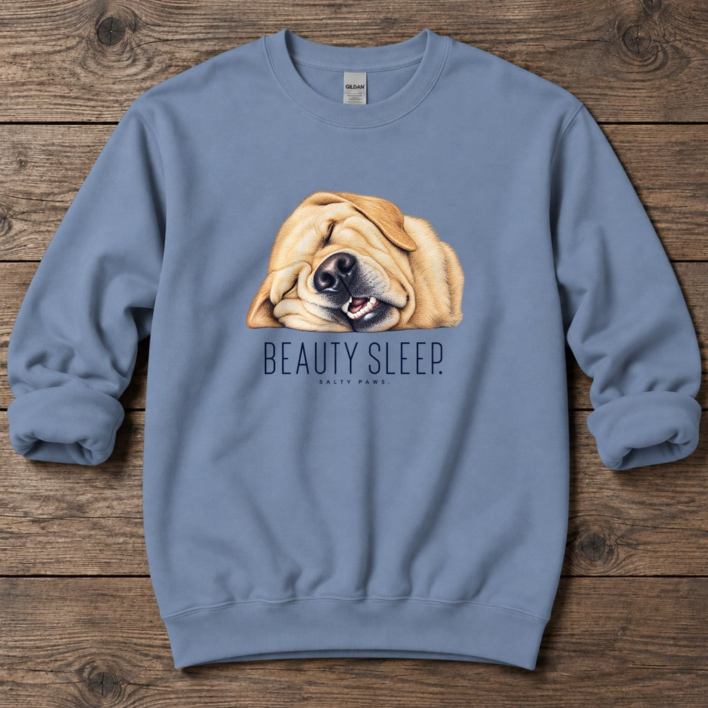 Yellow Lab Beauty Sleep Midweight Sweatshirt in Stone Blue, Salty Paws Midweight Sweatshirt, front design flat lay