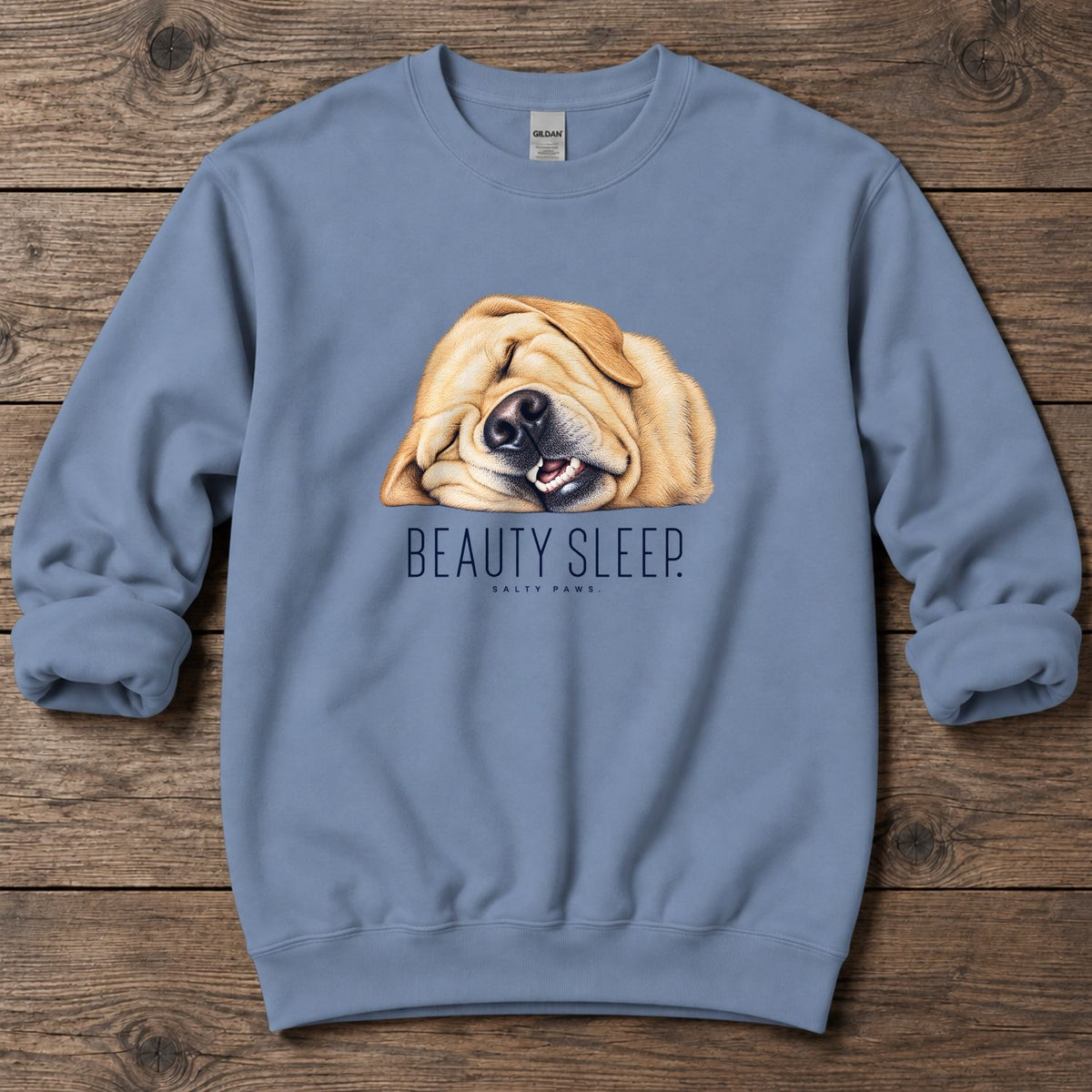 Yellow Lab Beauty Sleep Midweight Sweatshirt in Stone Blue, Salty Paws Midweight Sweatshirt, front design flat lay
