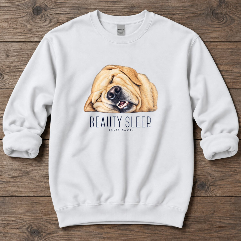 Yellow Lab Beauty Sleep Midweight Sweatshirt in White, Salty Paws Midweight Sweatshirt, front design flat lay