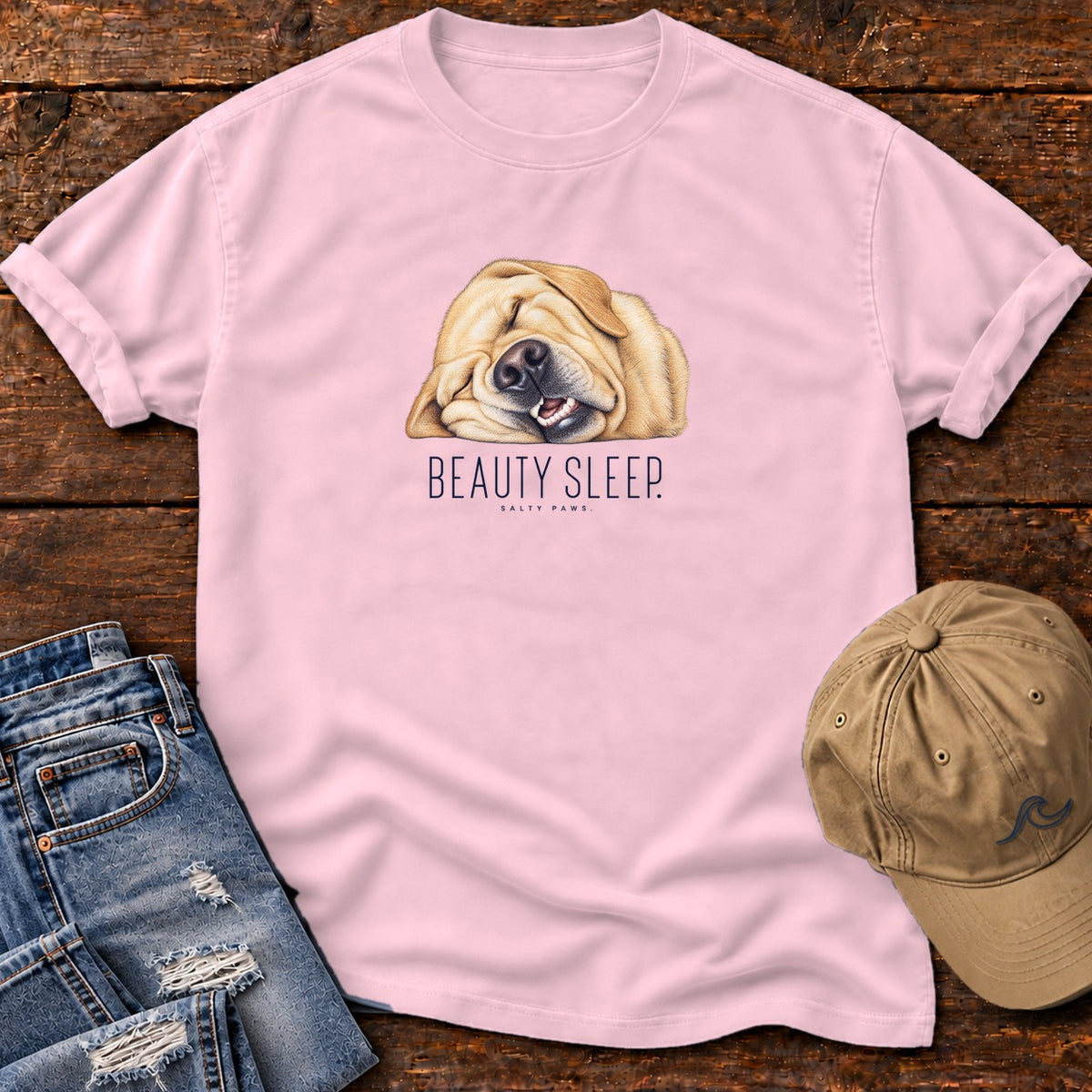 Yellow Lab Beauty Sleep T-Shirt in Blossom, Salty Paws Comfort Colors T-Shirt, front design flat lay