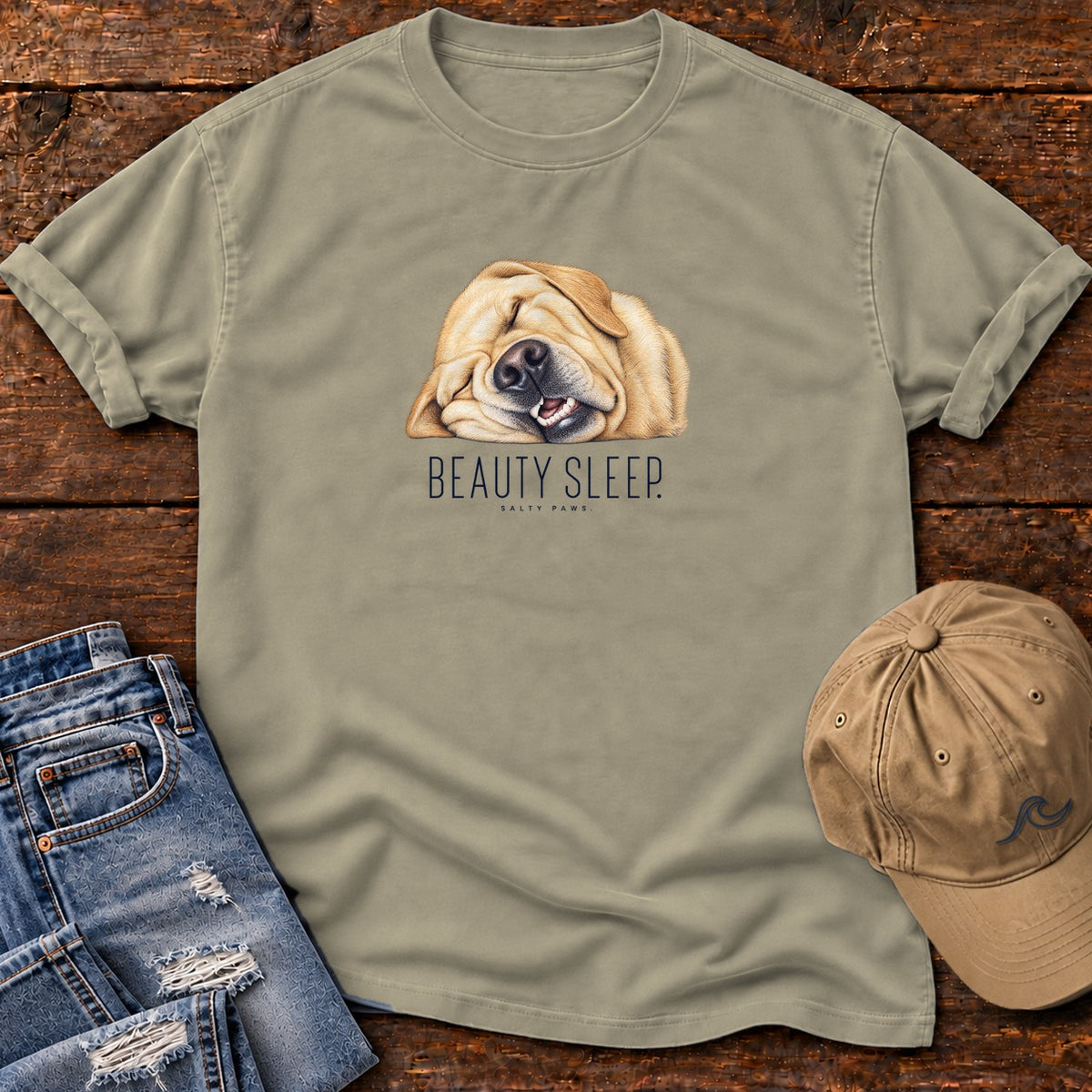 Yellow Lab Beauty Sleep T-Shirt in Sandstone, Salty Paws Comfort Colors T-Shirt, front design flat lay