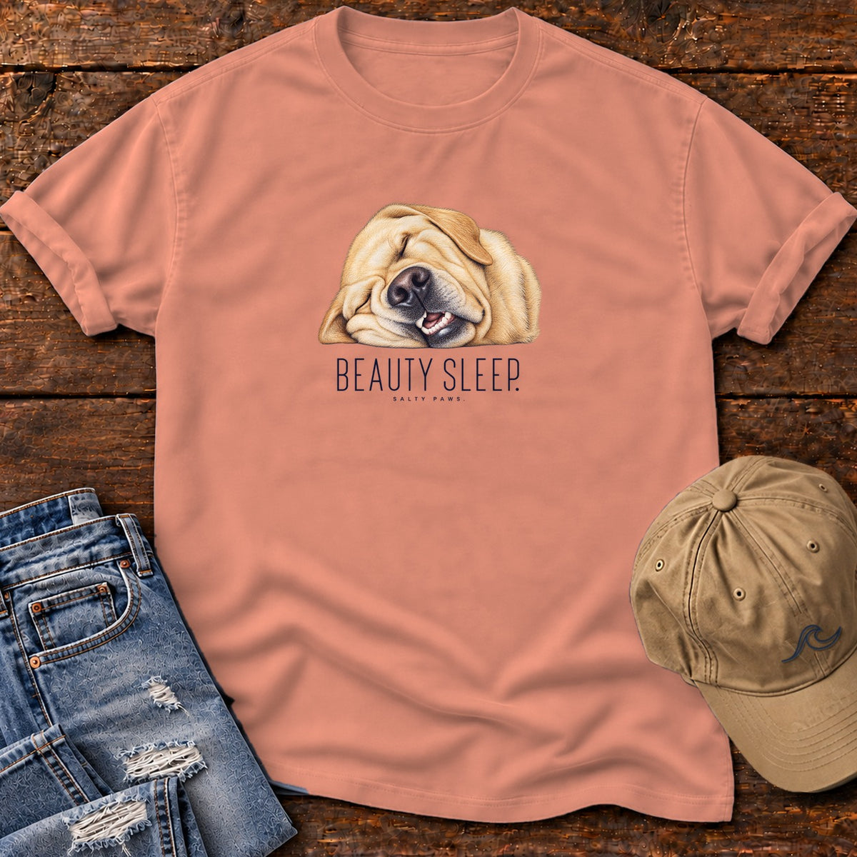 Yellow Lab Beauty Sleep T-Shirt in Terracotta, Salty Paws Comfort Colors T-Shirt, front design flat lay