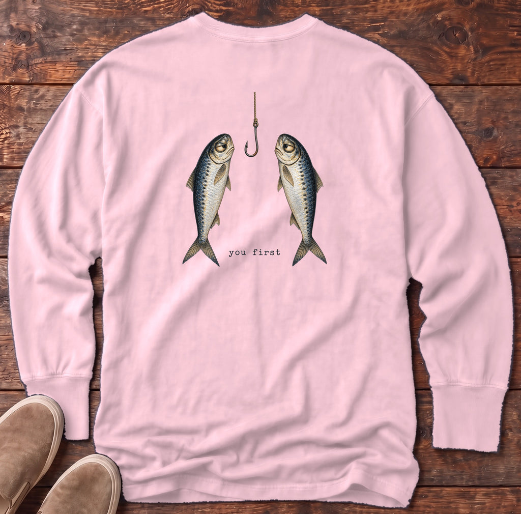 You First Sardines Back Design Long Sleeve Tee Comfort Colors in Blossom, Salty Paws Comfort Colors Long Sleeve Tee, back design flat lay