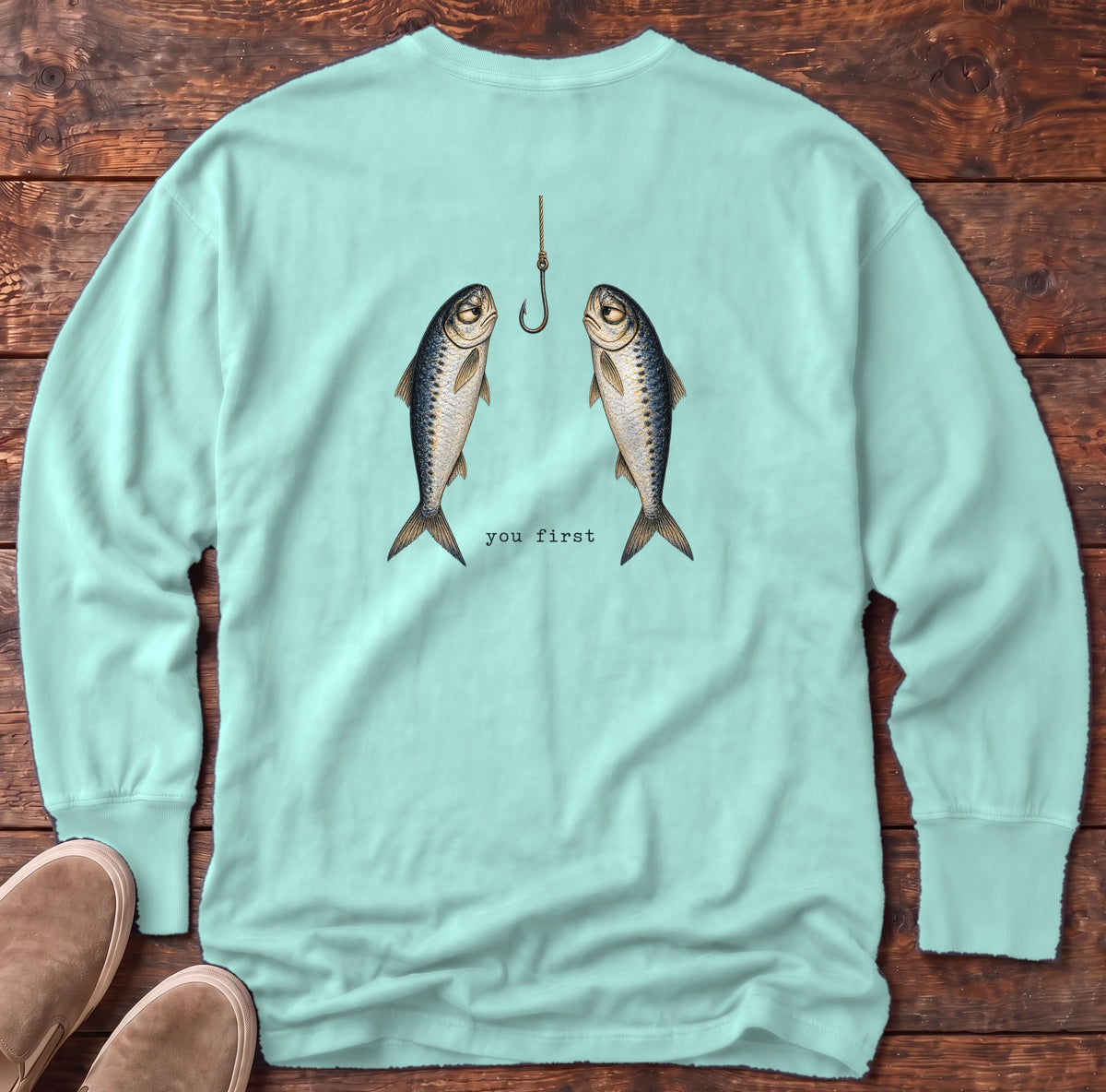 You First Sardines Back Design Long Sleeve Tee Comfort Colors in Chalky Mint, Salty Paws Comfort Colors Long Sleeve Tee, back design flat lay