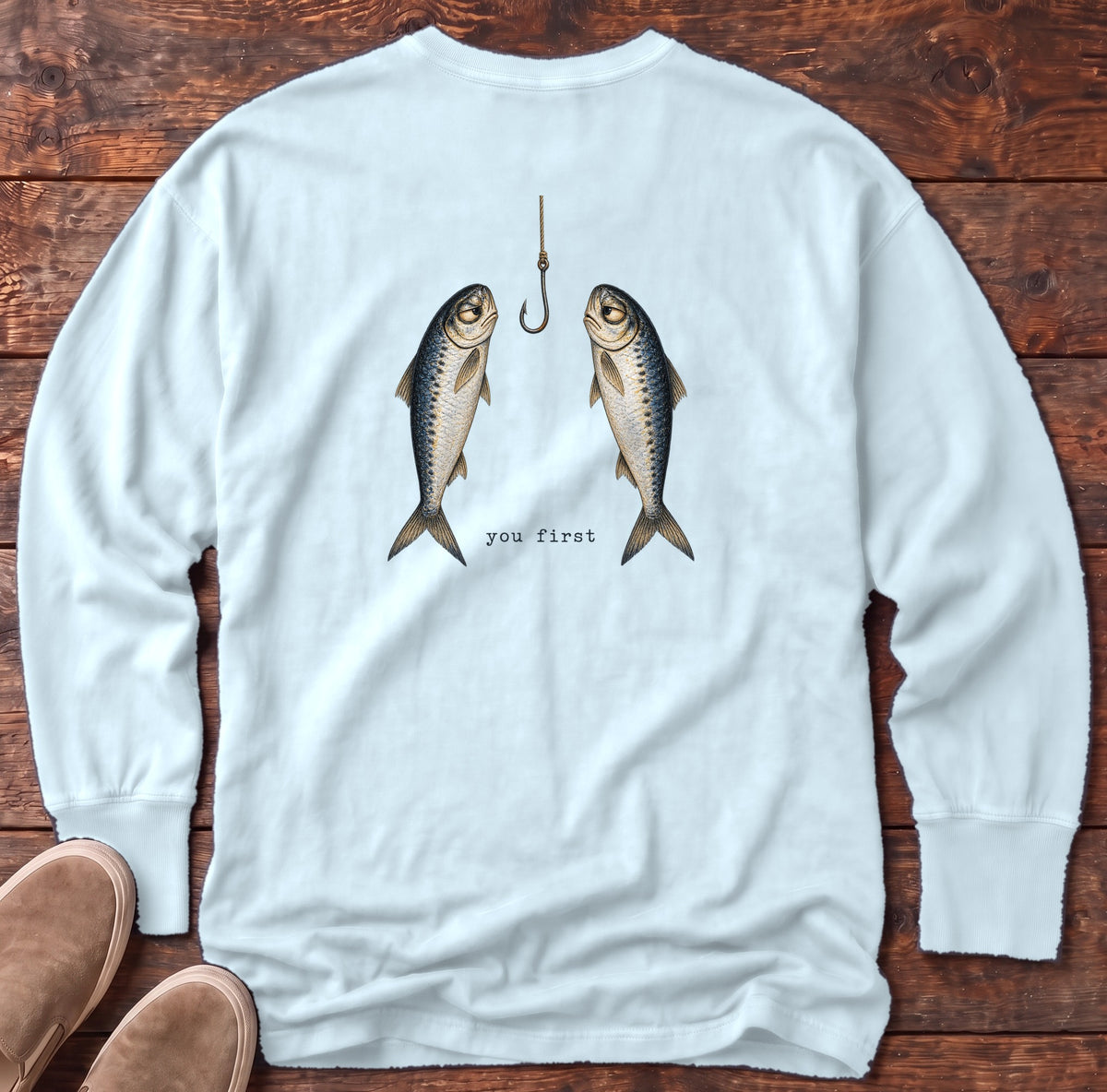 You First Sardines Back Design Long Sleeve Tee Comfort Colors in Chambray, Salty Paws Comfort Colors Long Sleeve Tee, back design flat lay