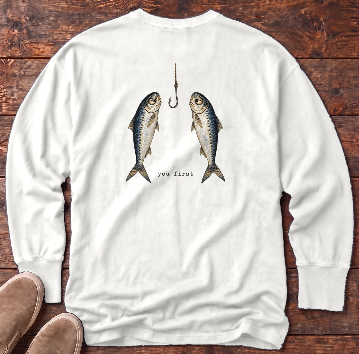You First Sardines Back Design Long Sleeve Tee Comfort Colors in White, Salty Paws Comfort Colors Long Sleeve Tee, back design flat lay