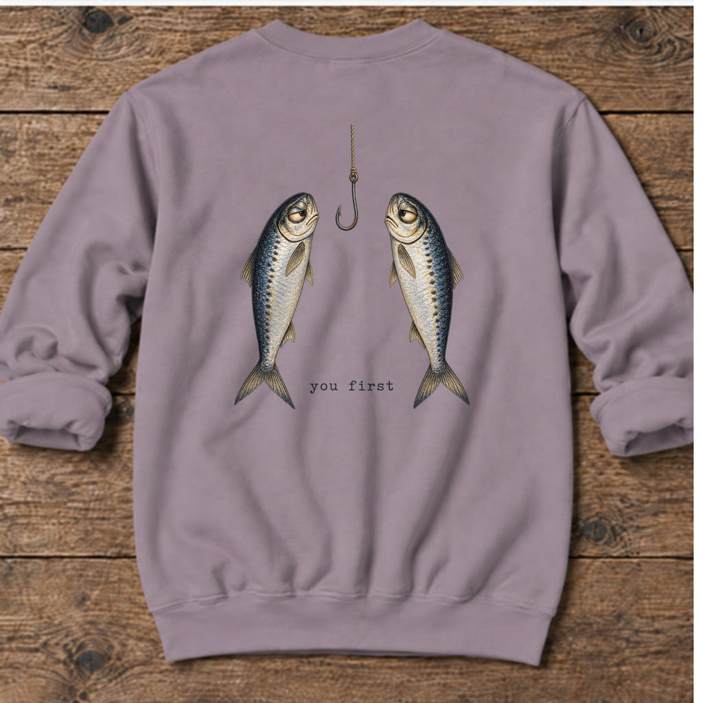 You First Sardines Back Design Midweight Sweatshirt in Paragon, Salty Paws Midweight Sweatshirt, back design flat lay