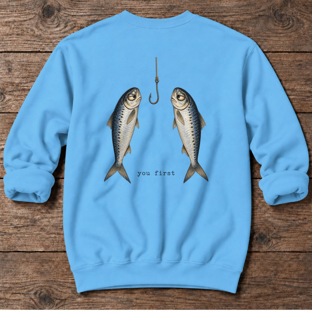 You First Sardines Back Design Midweight Sweatshirt in Sky, Salty Paws Midweight Sweatshirt, back design flat lay