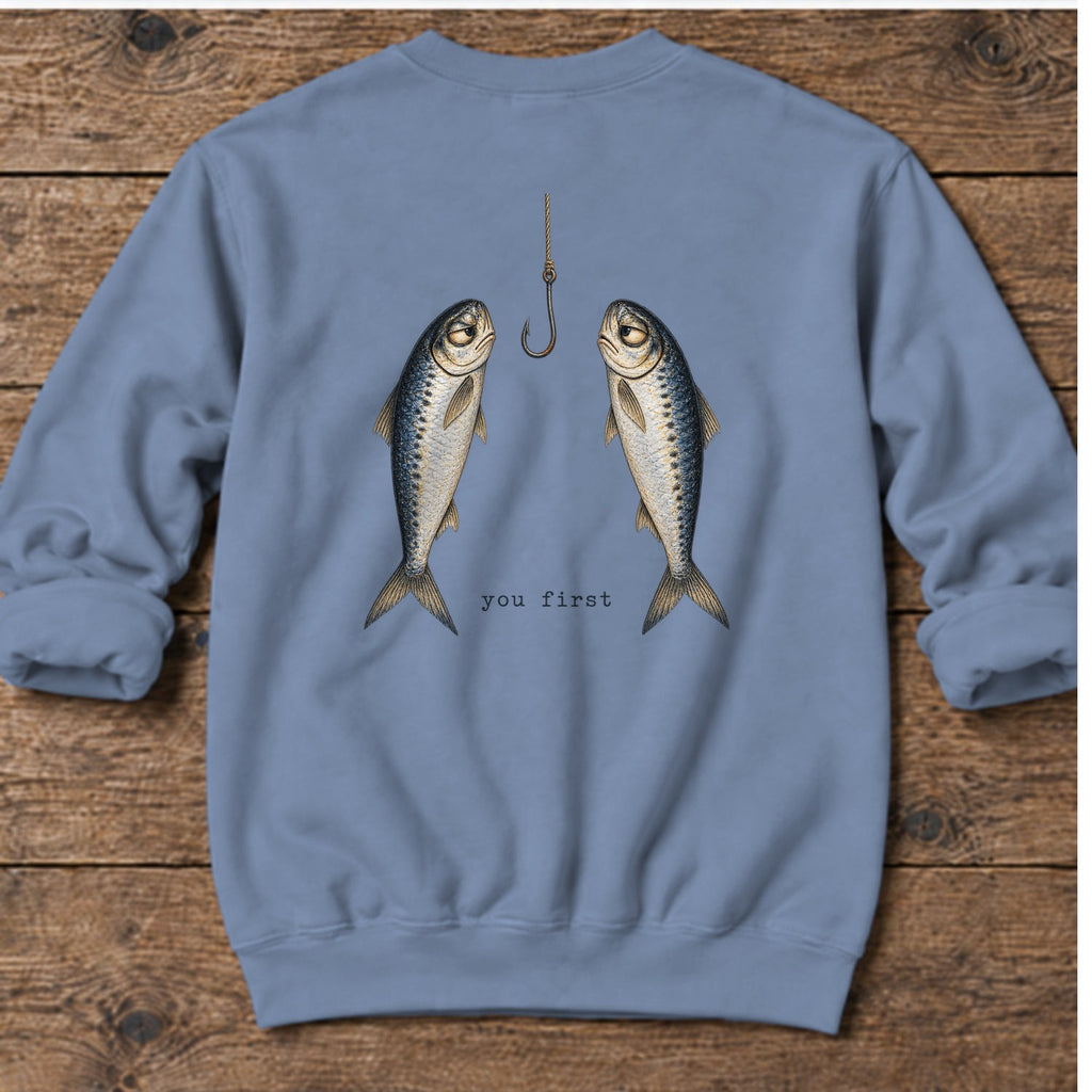 You First Sardines Back Design Midweight Sweatshirt in Stone Blue, Salty Paws Midweight Sweatshirt, back design flat lay