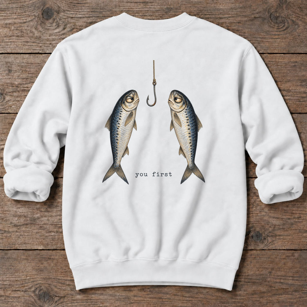 You First Sardines Back Design Midweight Sweatshirt in White, Salty Paws Midweight Sweatshirt, back design flat lay
