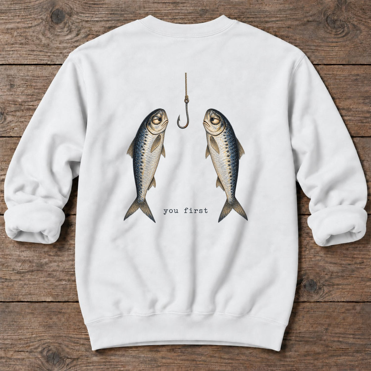 You First Sardines Back Design Midweight Sweatshirt in White, Salty Paws Midweight Sweatshirt, back design flat lay