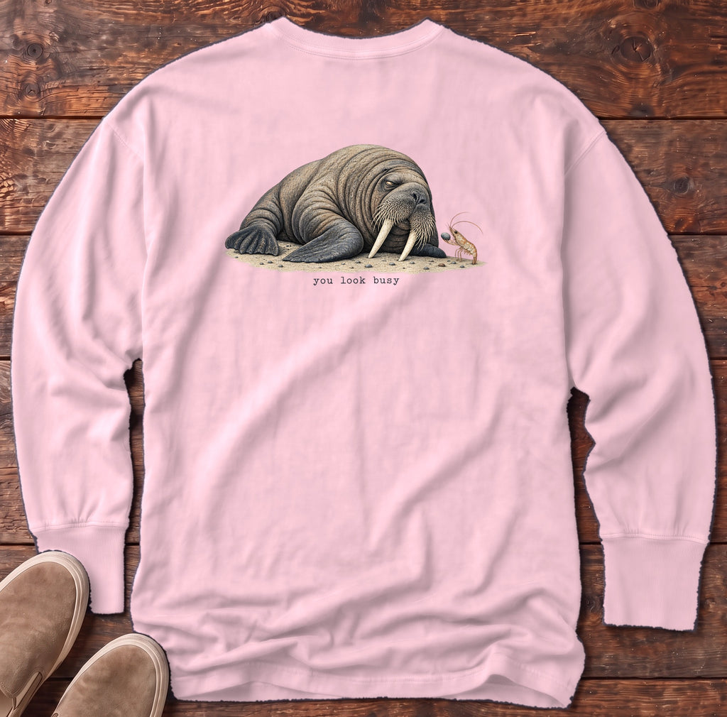 You Look Busy Walrus Back Design Long Sleeve Tee Comfort Colors in Blossom, Salty Paws Comfort Colors Long Sleeve Tee, back design flat lay