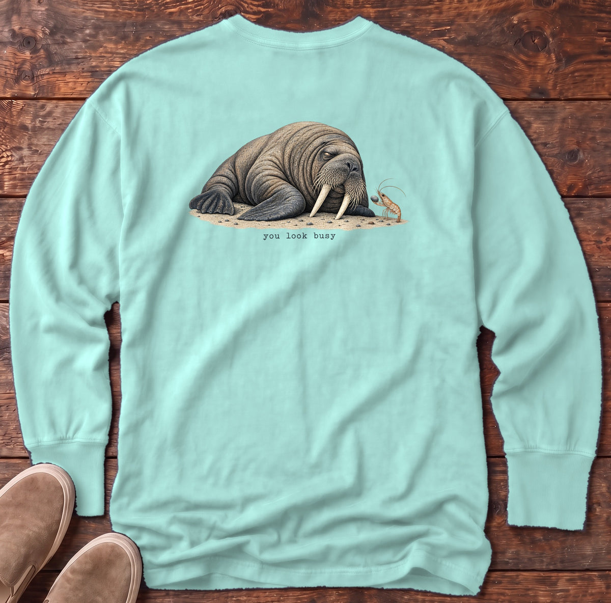 You Look Busy Walrus Back Design Long Sleeve Tee Comfort Colors in Chalky Mint, Salty Paws Comfort Colors Long Sleeve Tee, back design flat lay