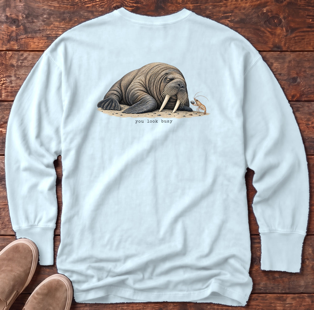 You Look Busy Walrus Back Design Long Sleeve Tee Comfort Colors in Chambray, Salty Paws Comfort Colors Long Sleeve Tee, back design flat lay