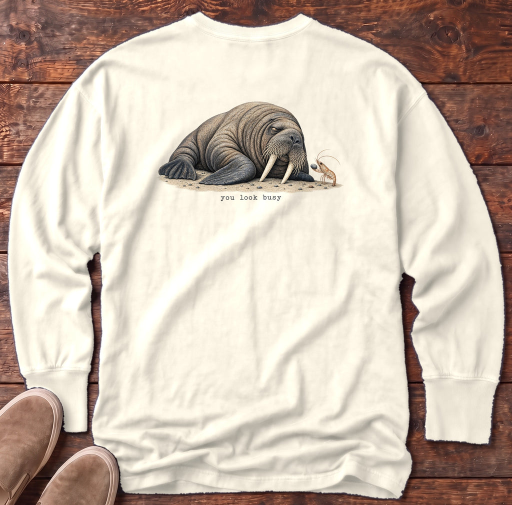 You Look Busy Walrus Back Design Long Sleeve Tee Comfort Colors in Ivory, Salty Paws Comfort Colors Long Sleeve Tee, back design flat lay
