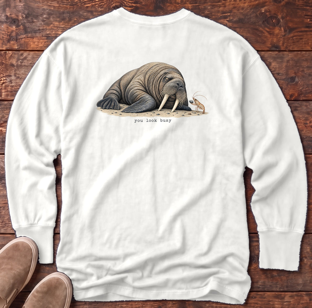You Look Busy Walrus Back Design Long Sleeve Tee Comfort Colors in White, Salty Paws Comfort Colors Long Sleeve Tee, back design flat lay