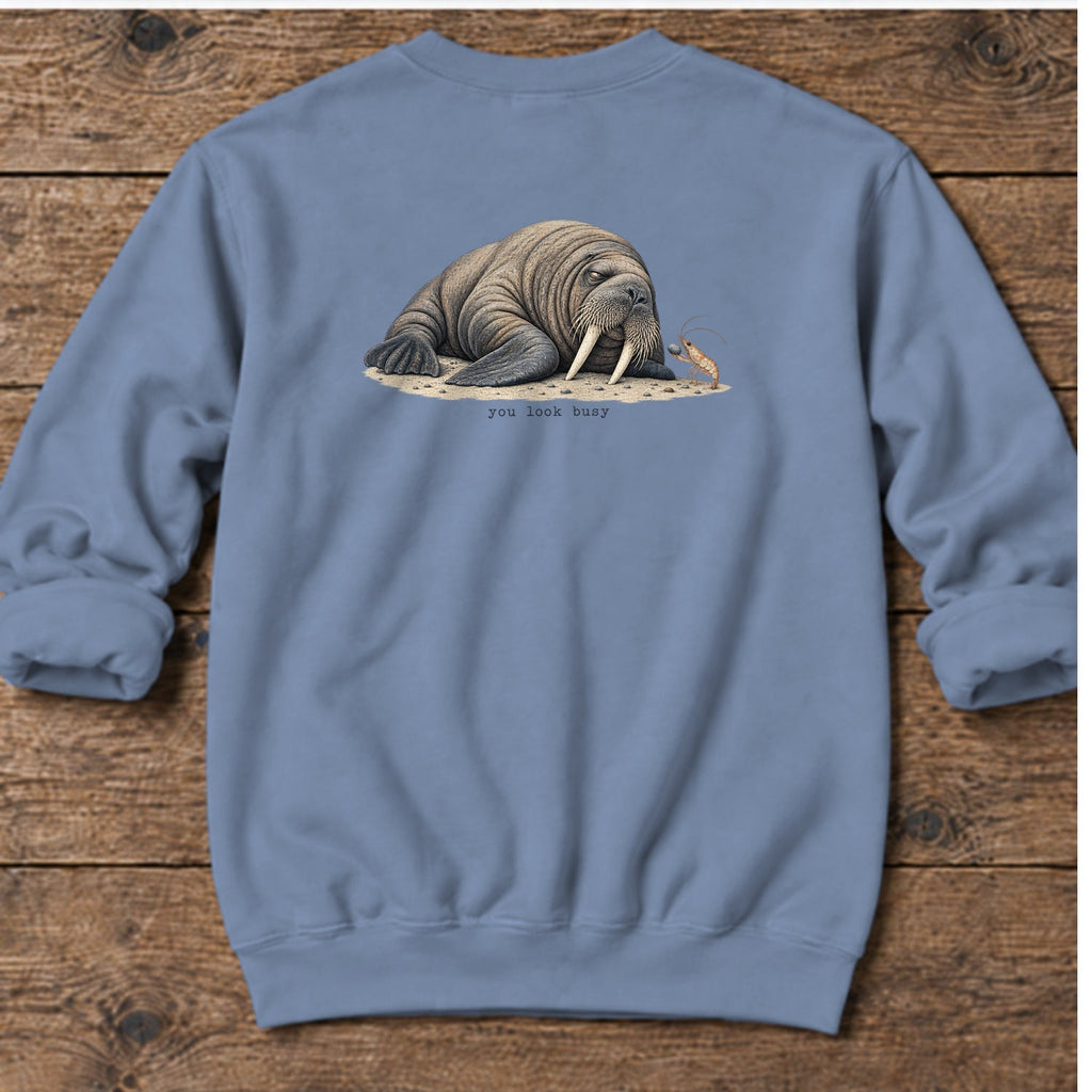 You Look Busy Walrus Back Design Midweight Sweatshirt in Stone Blue, Salty Paws Midweight Sweatshirt, back design flat lay