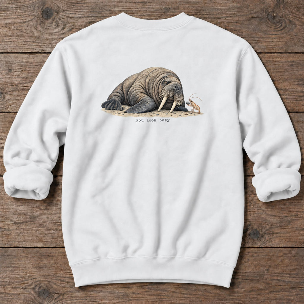 You Look Busy Walrus Back Design Midweight Sweatshirt in White, Salty Paws Midweight Sweatshirt, back design flat lay