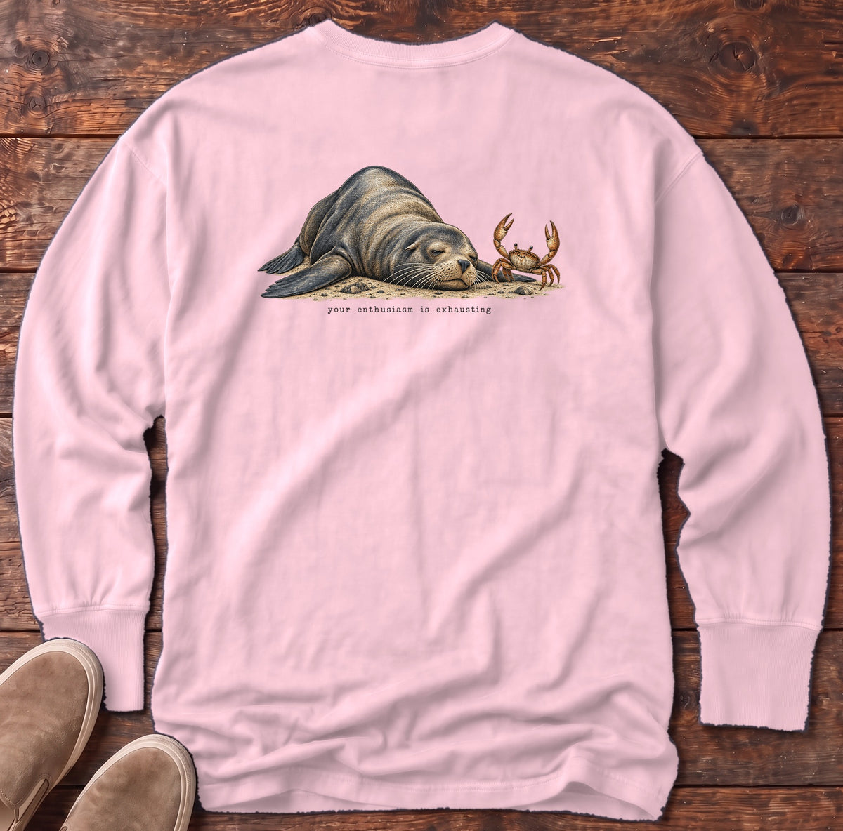 Your Enthusiasm Is Exhausting Sea Lion Back Design Long Sleeve Tee Comfort Colors in Blossom, Salty Paws Comfort Colors Long Sleeve Tee, back design flat lay