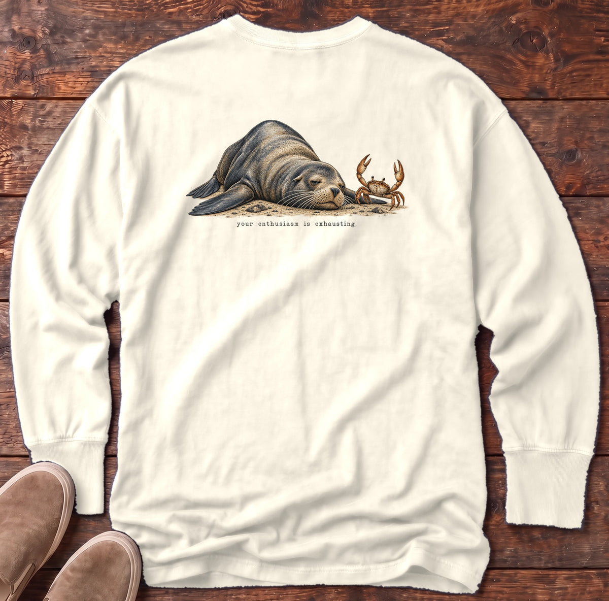 Your Enthusiasm Is Exhausting Sea Lion Back Design Long Sleeve Tee Comfort Colors in Ivory, Salty Paws Comfort Colors Long Sleeve Tee, back design flat lay