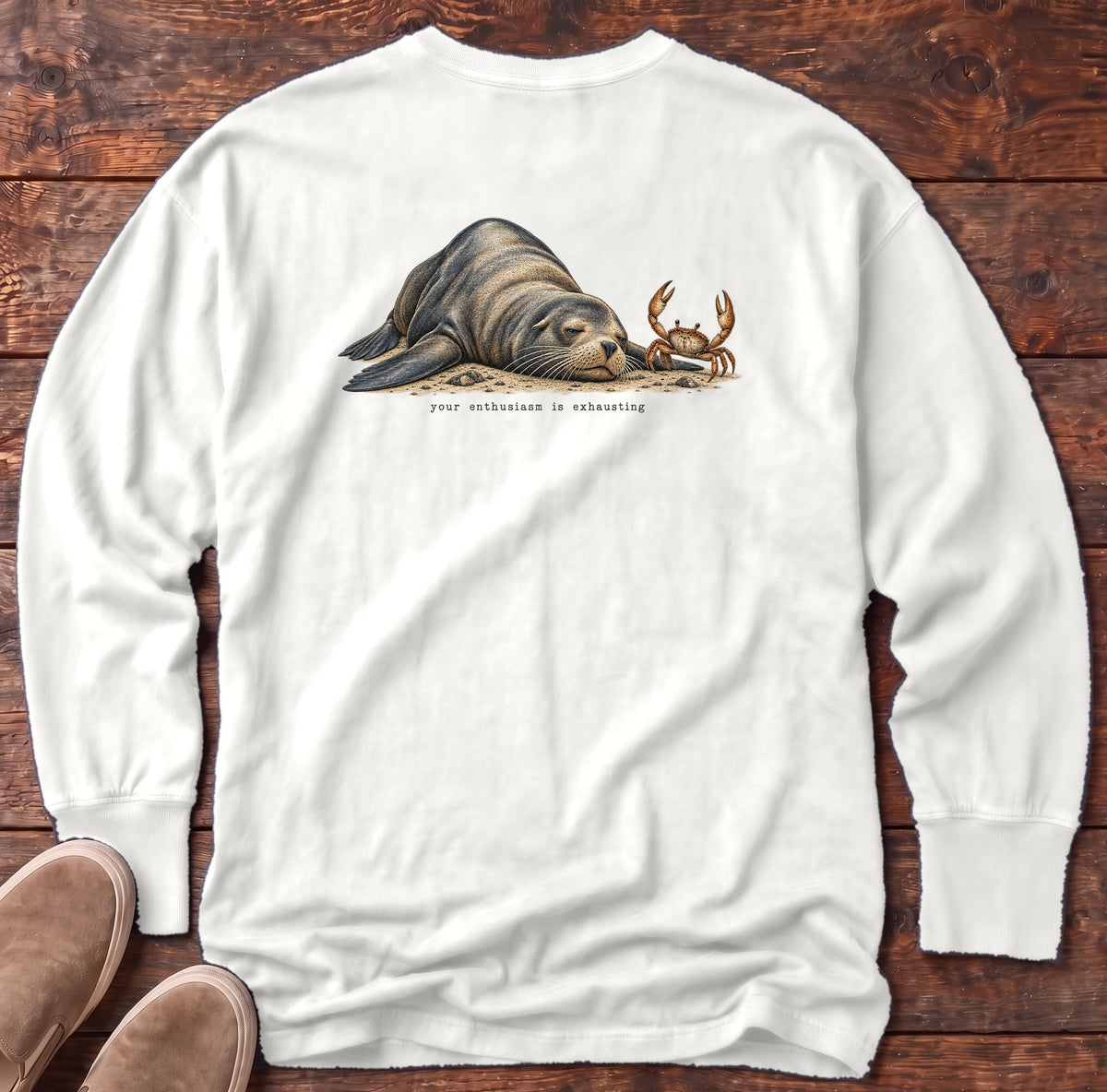 Your Enthusiasm Is Exhausting Sea Lion Back Design Long Sleeve Tee Comfort Colors in White, Salty Paws Comfort Colors Long Sleeve Tee, back design flat lay