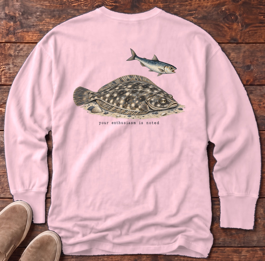 Your Enthusiasm Is Noted Flounder Back Design Long Sleeve Tee Comfort Colors in Blossom, Salty Paws Comfort Colors Long Sleeve Tee, back design flat lay