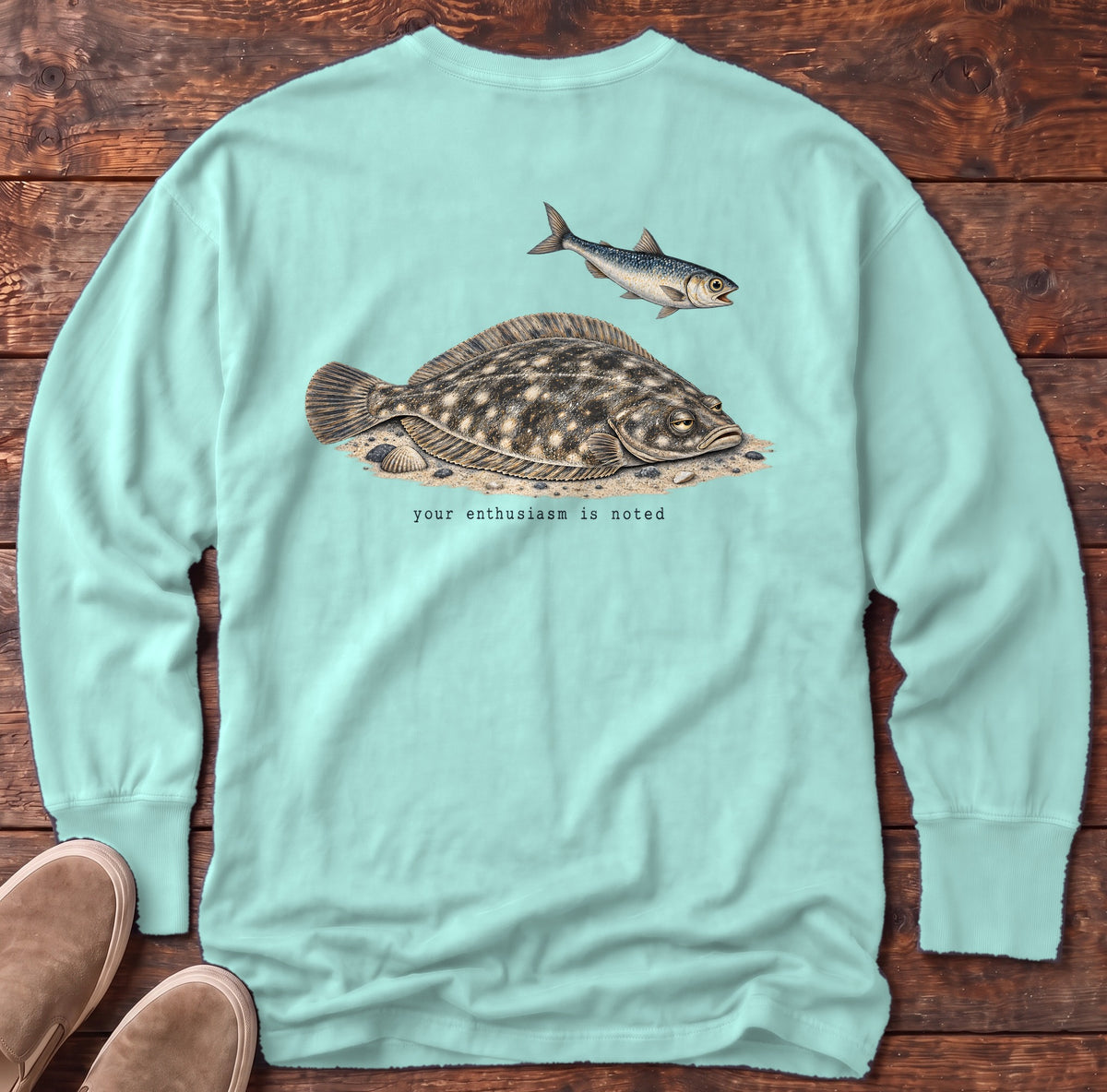 Your Enthusiasm Is Noted Flounder Back Design Long Sleeve Tee Comfort Colors in Chalky Mint, Salty Paws Comfort Colors Long Sleeve Tee, back design flat lay