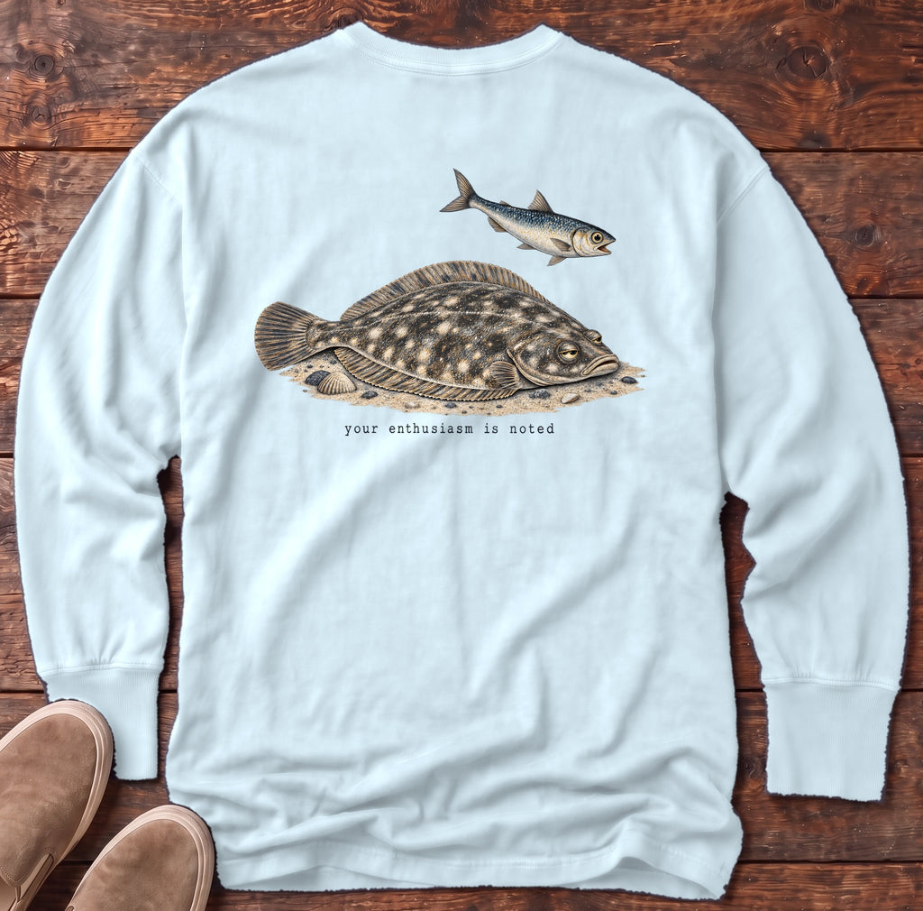 Your Enthusiasm Is Noted Flounder Back Design Long Sleeve Tee Comfort Colors in Chambray, Salty Paws Comfort Colors Long Sleeve Tee, back design flat lay