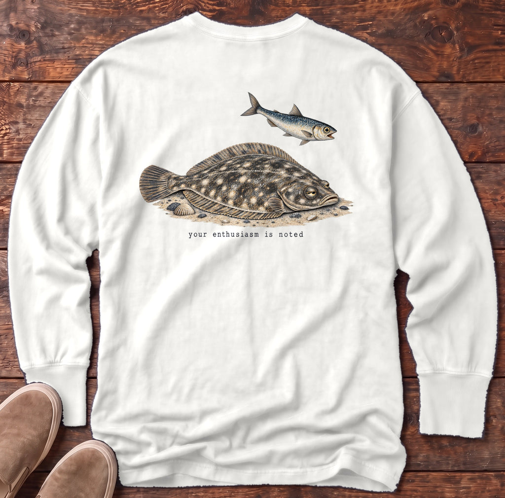 Your Enthusiasm Is Noted Flounder Back Design Long Sleeve Tee Comfort Colors in White, Salty Paws Comfort Colors Long Sleeve Tee, back design flat lay